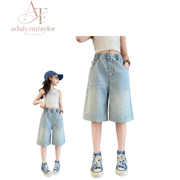 Adalynn Taylor Girls Heart Pattern Denim Shorts Knee one