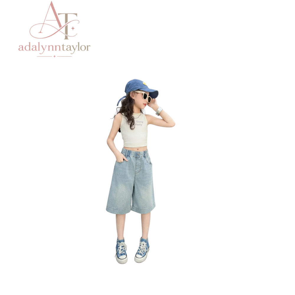 Adalynn Taylor Girls Heart Pattern Denim Shorts Knee three