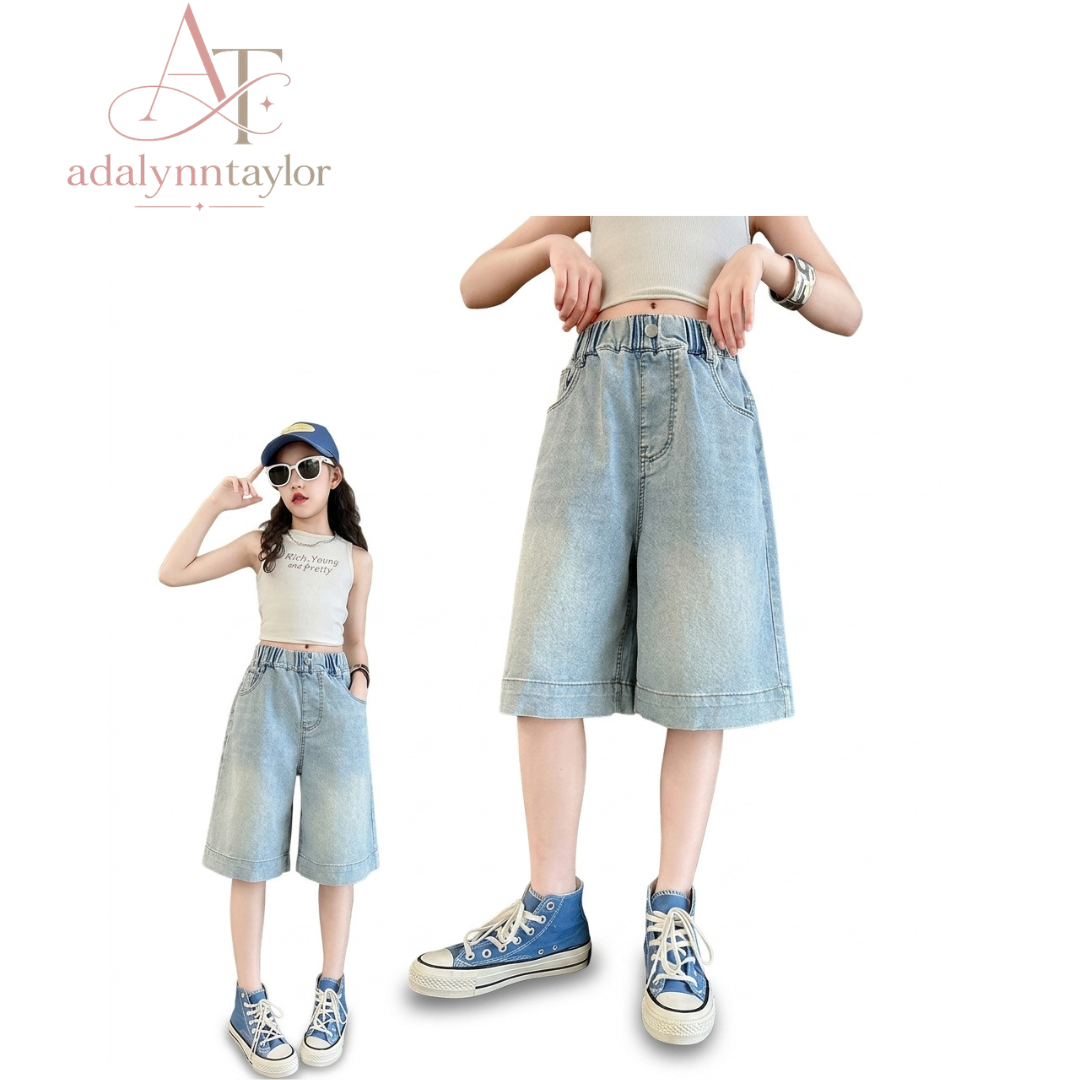 Adalynn Taylor Girls Heart Pattern Denim Shorts Knee one