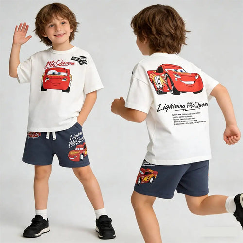 boys wearing cartoon t shirt and shorts set
