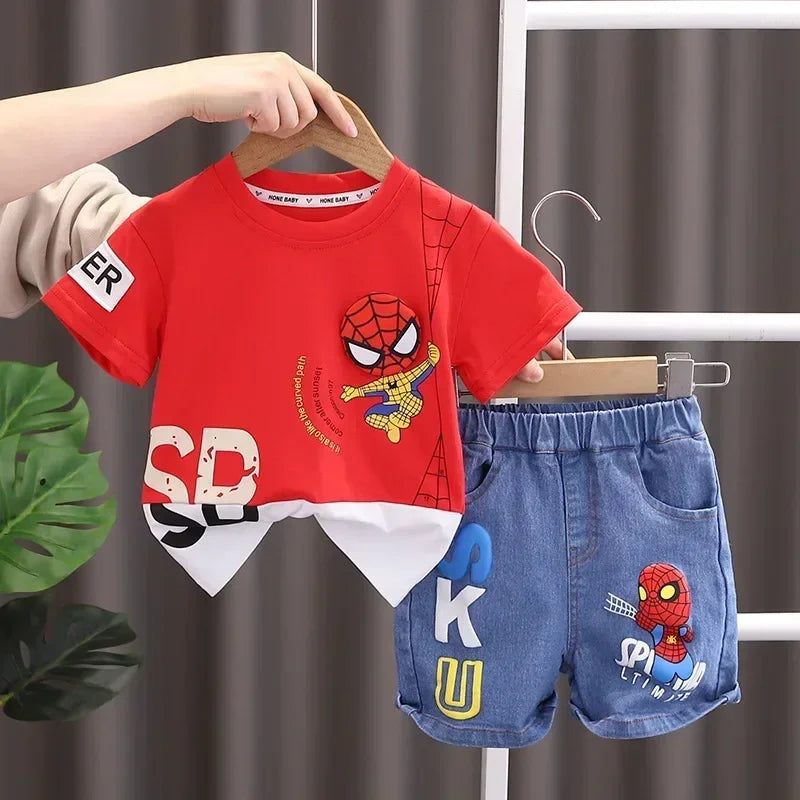 boys wearing spiderman t shirt and denim shorts
