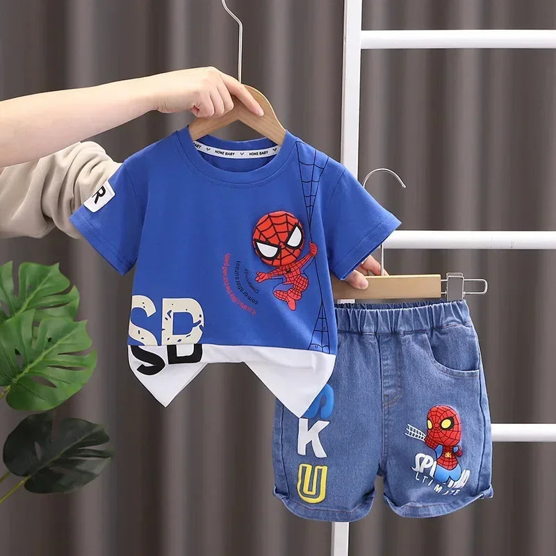 boys wearing spiderman t shirt and denim shorts
