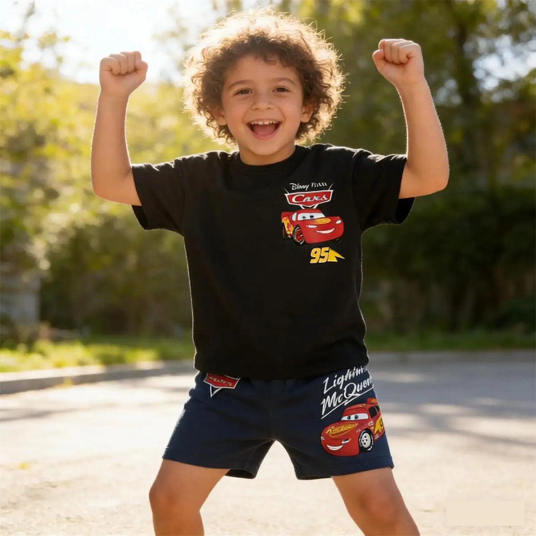 boys wearing cartoon t shirt and shorts set

